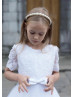 Beaded Short Sleeves White Lace Tulle Tea Length Flower Girl Dress